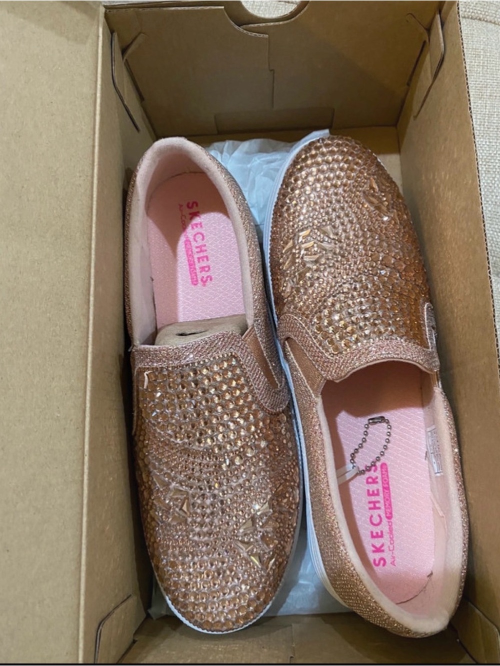 Skechers Street Rose Gold Rhinestone Slip-On Sneakers Women's Size 5 Memory Foam